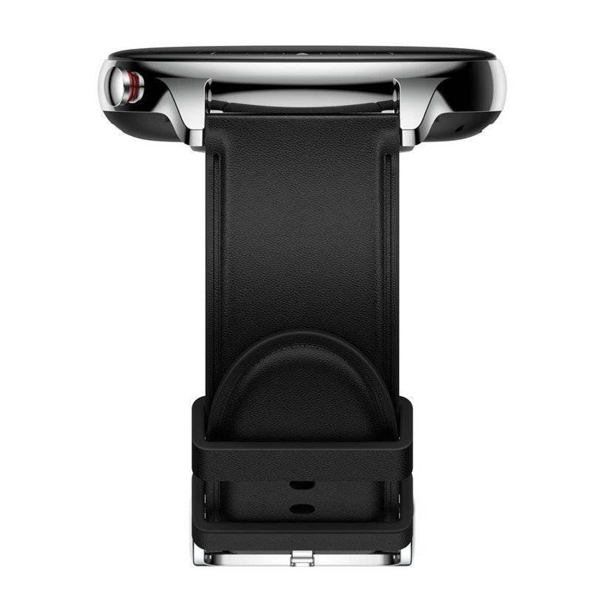 Schwarze Smartwatch an schwarzem Lederarmband. Silberner Rahmen. Weißer Hintergrund.