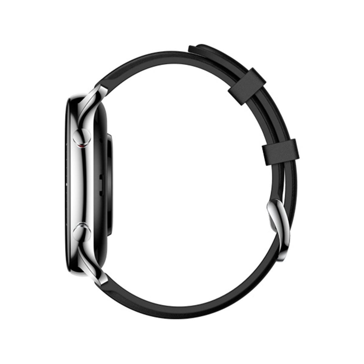 Seitenansicht einer schwarzen Smartwatch mit schwarzem Armband. Die Uhr hat ein rundes Zifferblatt.
