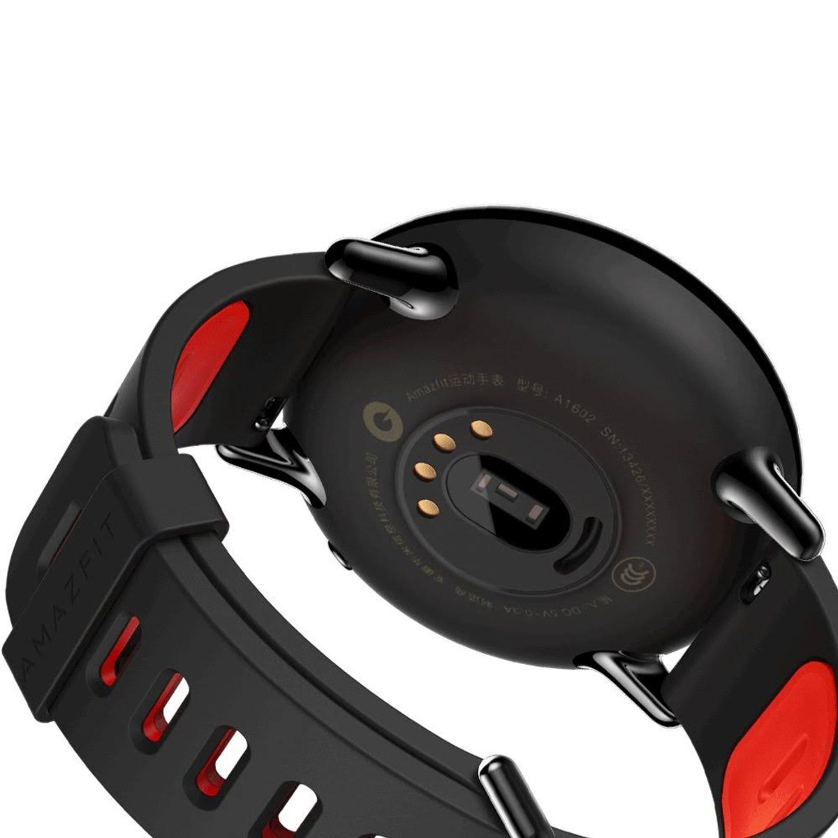 Smartwatch negra en muñeca, mostrando parte inferior con sensores. Correa roja y negra.