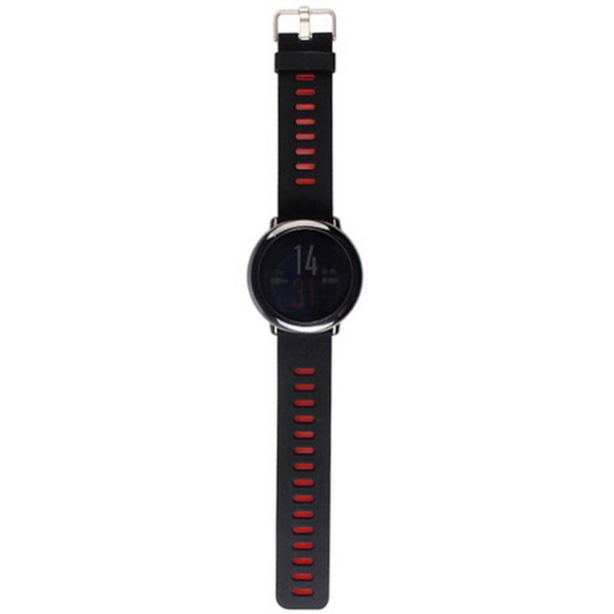 Smartwatch negra y roja con pantalla redonda, mostrando 14:31.