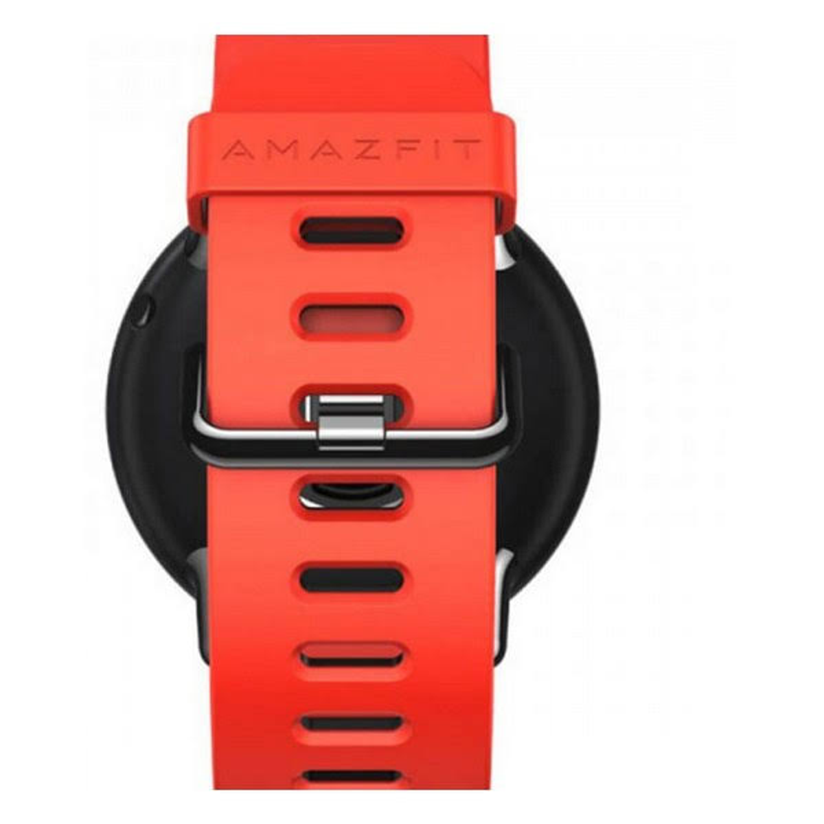 Correa roja de reloj inteligente Amazfit, esfera negra, primer plano.