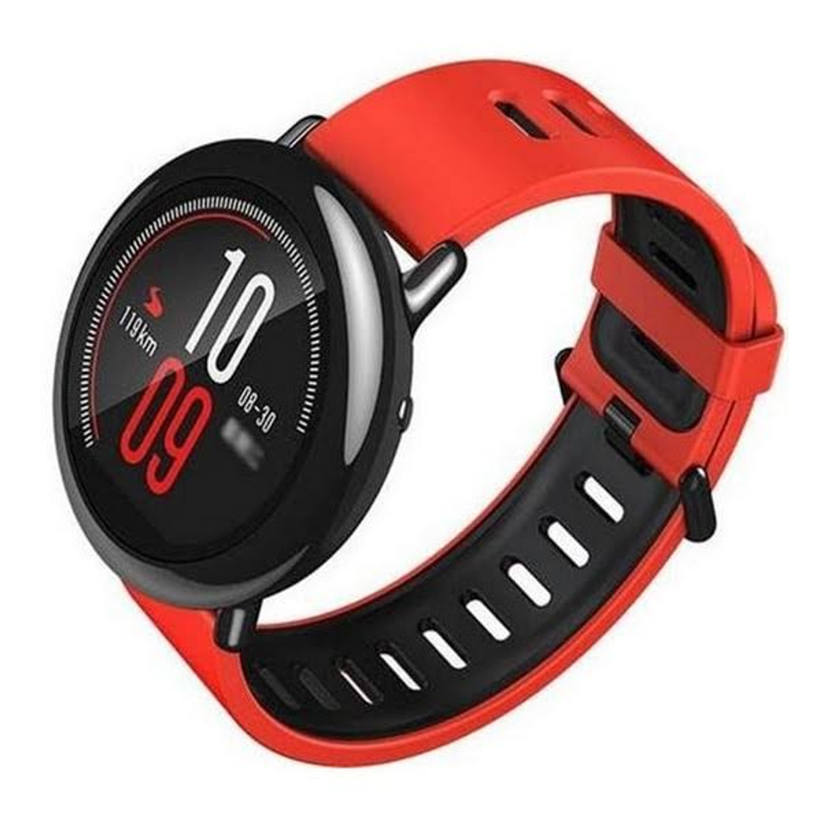 Smartwatch negra y roja. Pantalla digital mostrando la hora. Correa roja.
