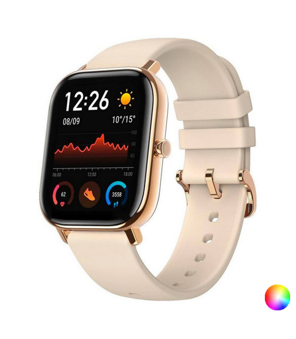 Smartwatch con cinturino beige che mostra ora, data e dati sanitari.