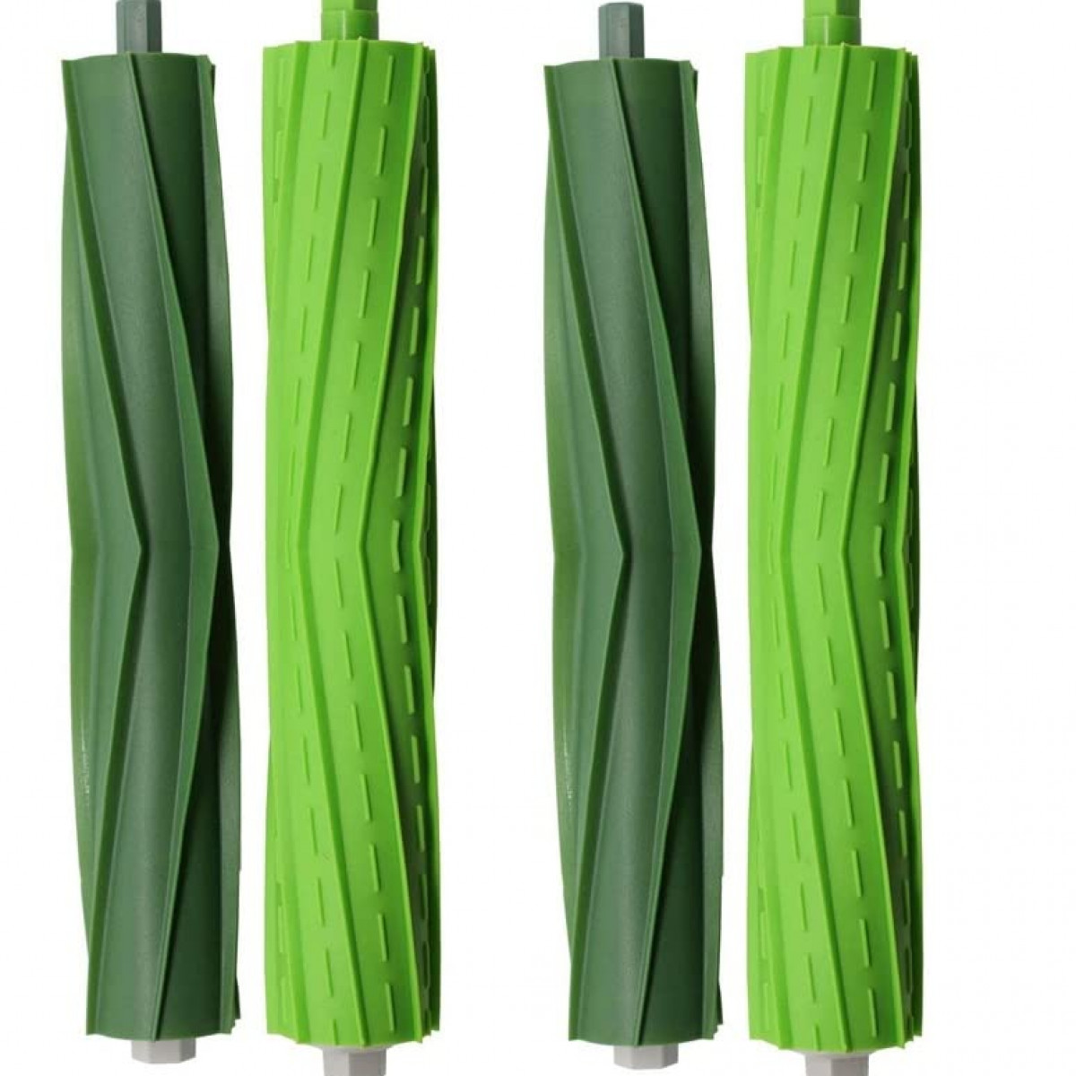 Cztery zielone i jasnozielone wałki szczotkowe Roomba. Wzór w jodełkę, nakrętka śrubowa.