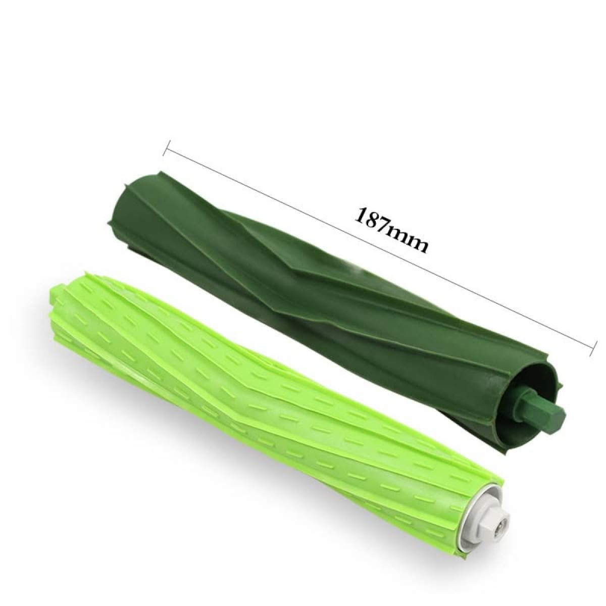 Dwie zielone i szare szczotki do odkurzacza, z etykietą pomiarową.