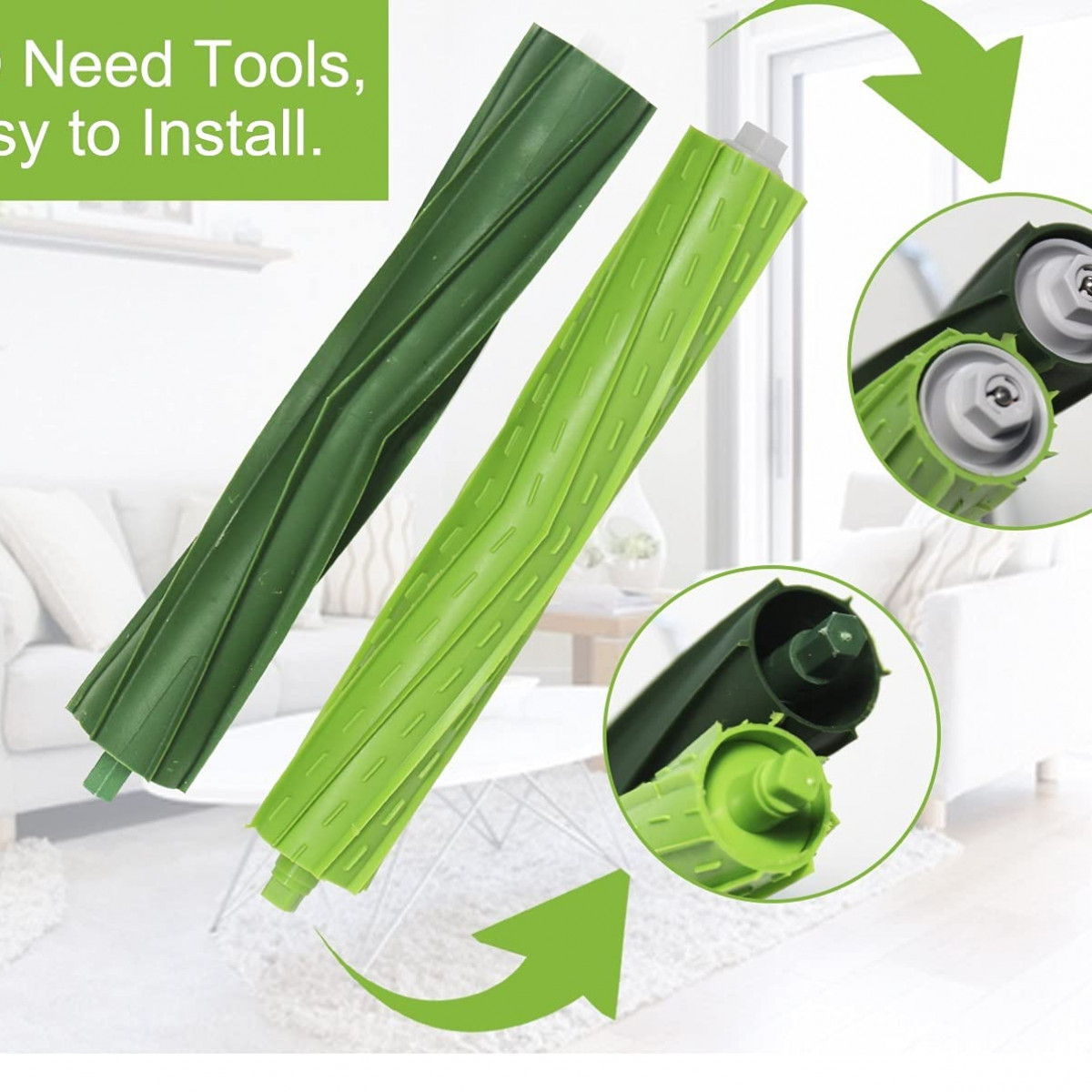 Zielone i zielone wałki do odkurzacza. Strzałki i tekst mówiący łatwy w instalacji znajdują się na zdjęciu.