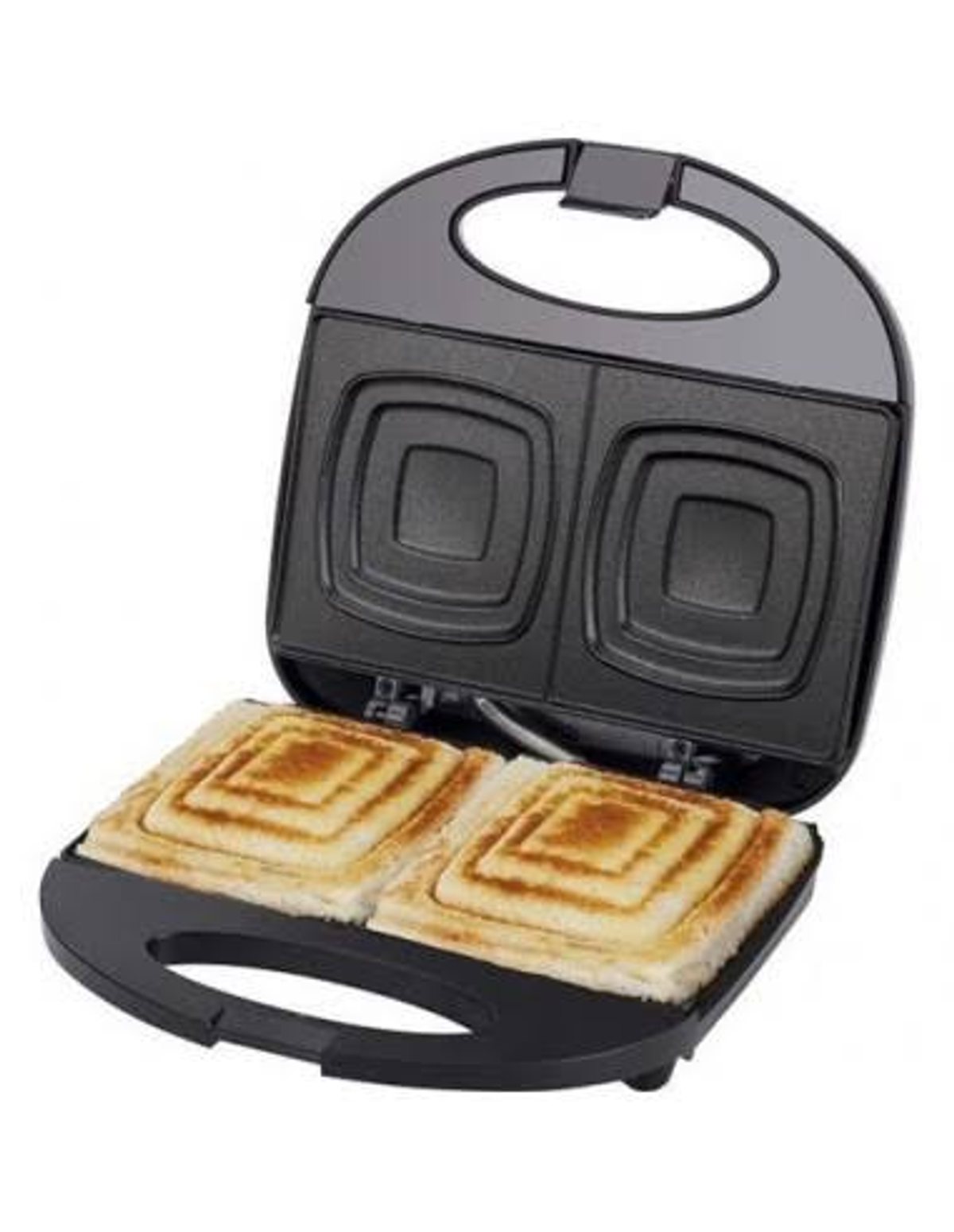 Otwarta opiekacz do kanapek z dwoma kanapkami w środku. Czarno-białe tło.