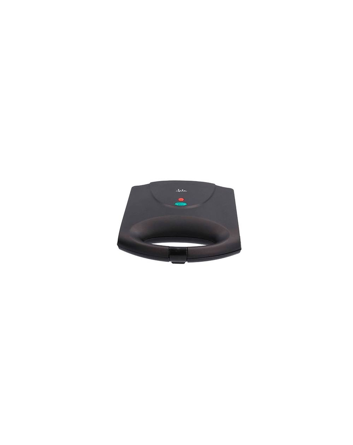 Czarny opiekacz do kanapek z uchwytem i czerwonymi/zielonymi światłami, na białym tle.