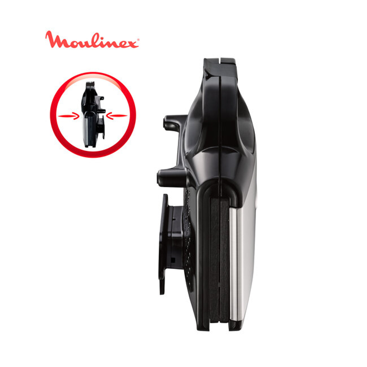 Ein schwarzer und silberner Moulinex-Sandwichmaker. Seitenansicht zeigt den geschlossenen Sandwichmaker.