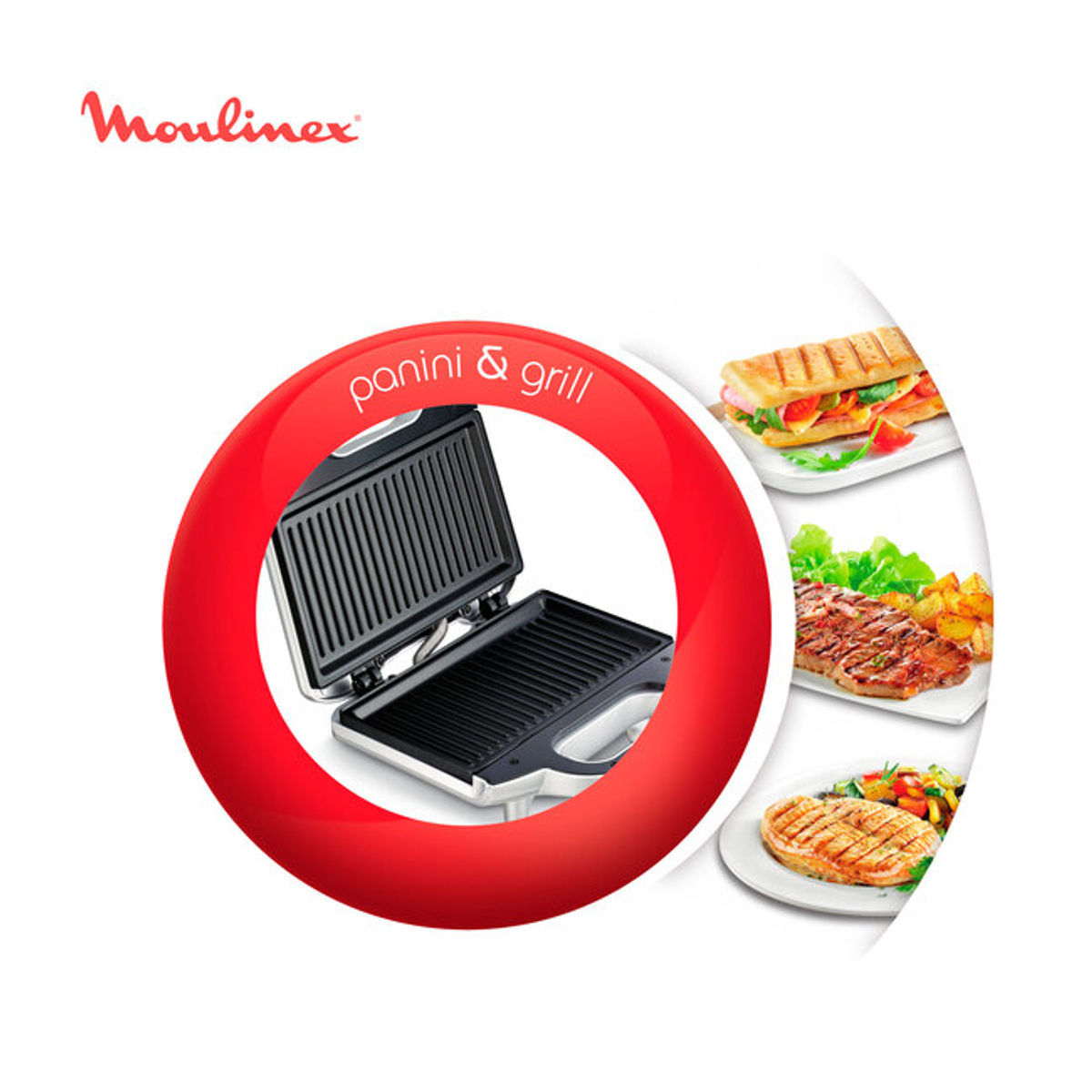 Moulinex Panini-Grill. Offener Grill mit Lebensmittelbildern in einem roten Kreis.