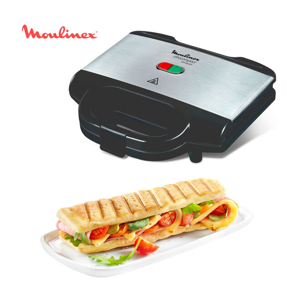 Sandwichmaker mit Sandwich. Schwarz und Silber. Das Sandwich liegt auf einem weißen Teller.