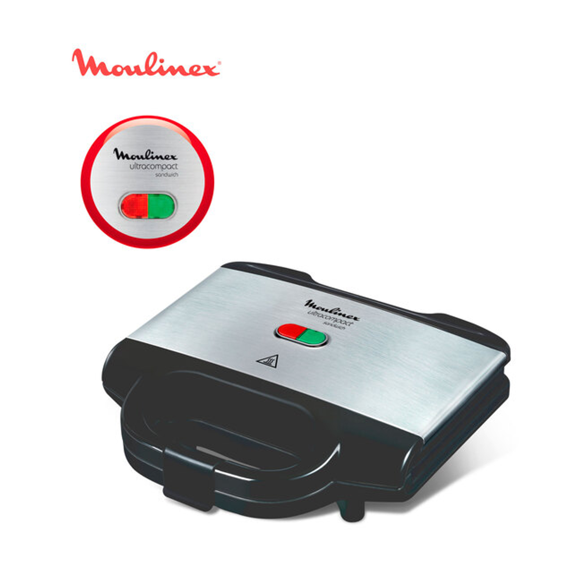 Moulinex Sandwichmaker mit roten und grünen Kontrollleuchten auf weißem Hintergrund.