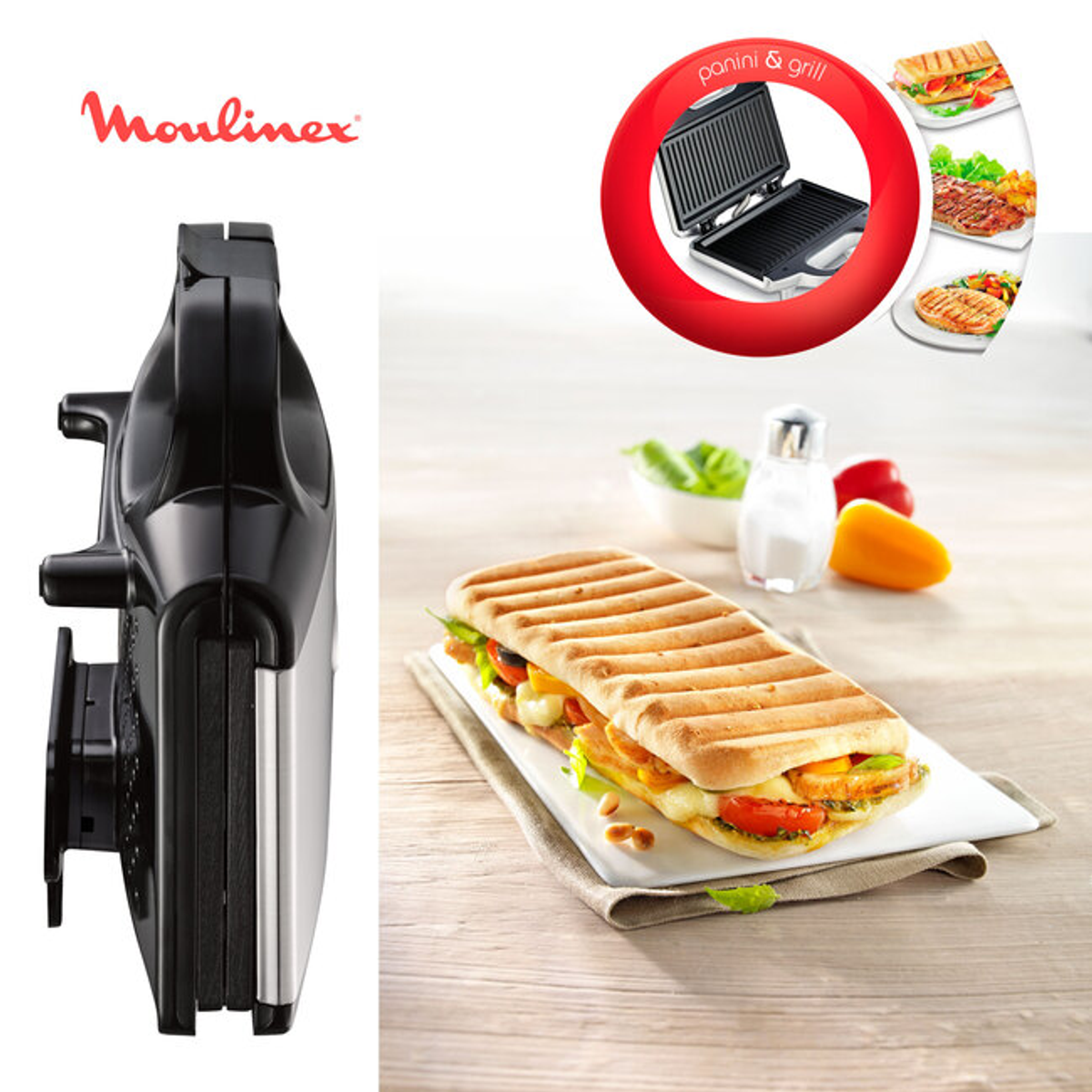 Moulinex Panini-Grill mit Panini. Weißer Hintergrund, Zutaten und Text.