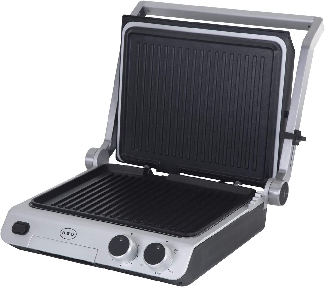 Una parrilla plateada abierta con placas de parrilla negras, controles plateados y la marca 'R.G.V'.