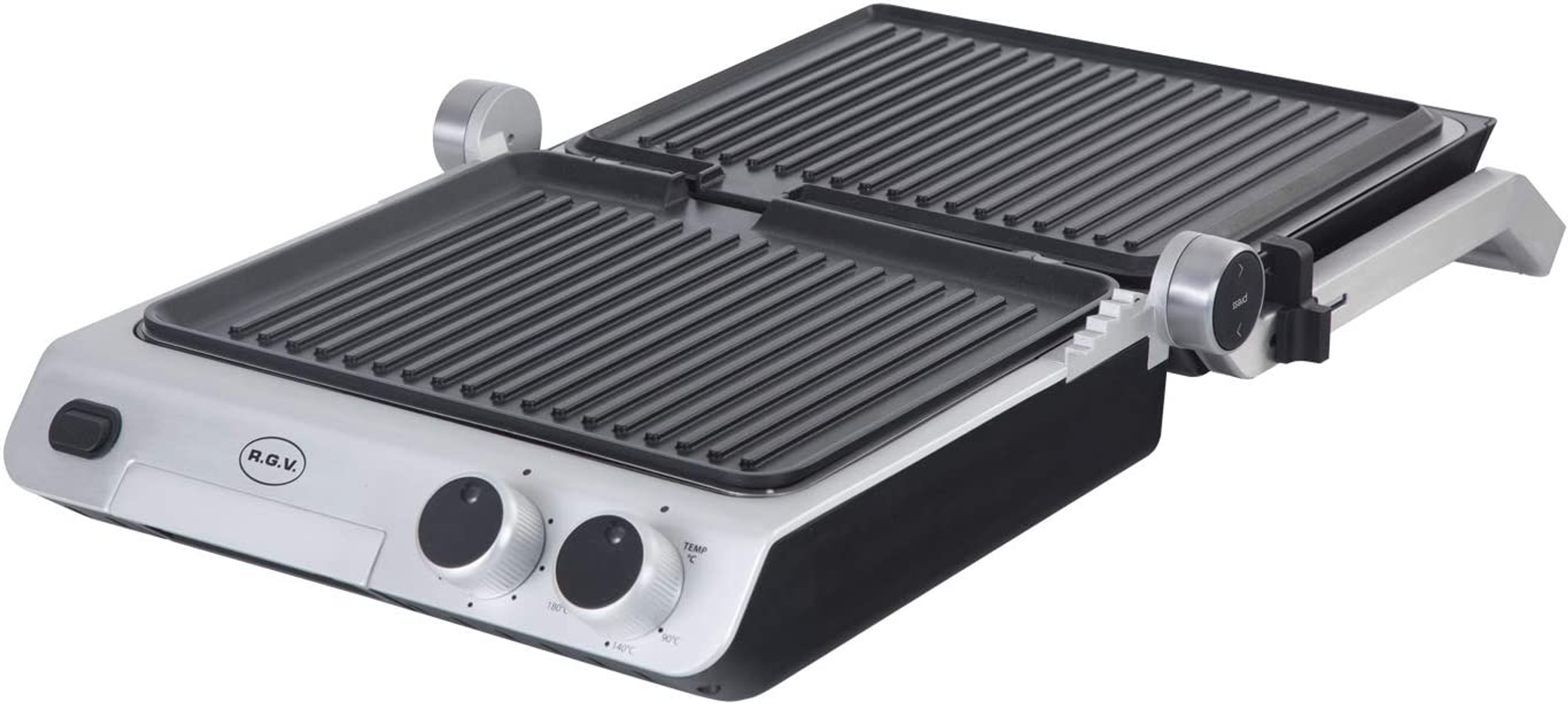 Parrilla R.G.V. plateada con rejillas y mandos negros. Detalles blancos y negros.