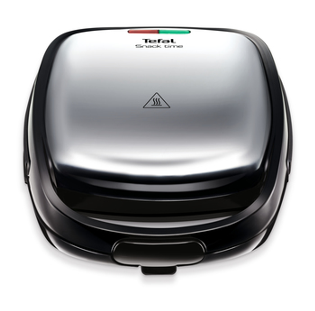 Geschlossener schwarzer Sandwichmaker. Silberne Oberseite, rote und grüne Lichter. Weißer Hintergrund.