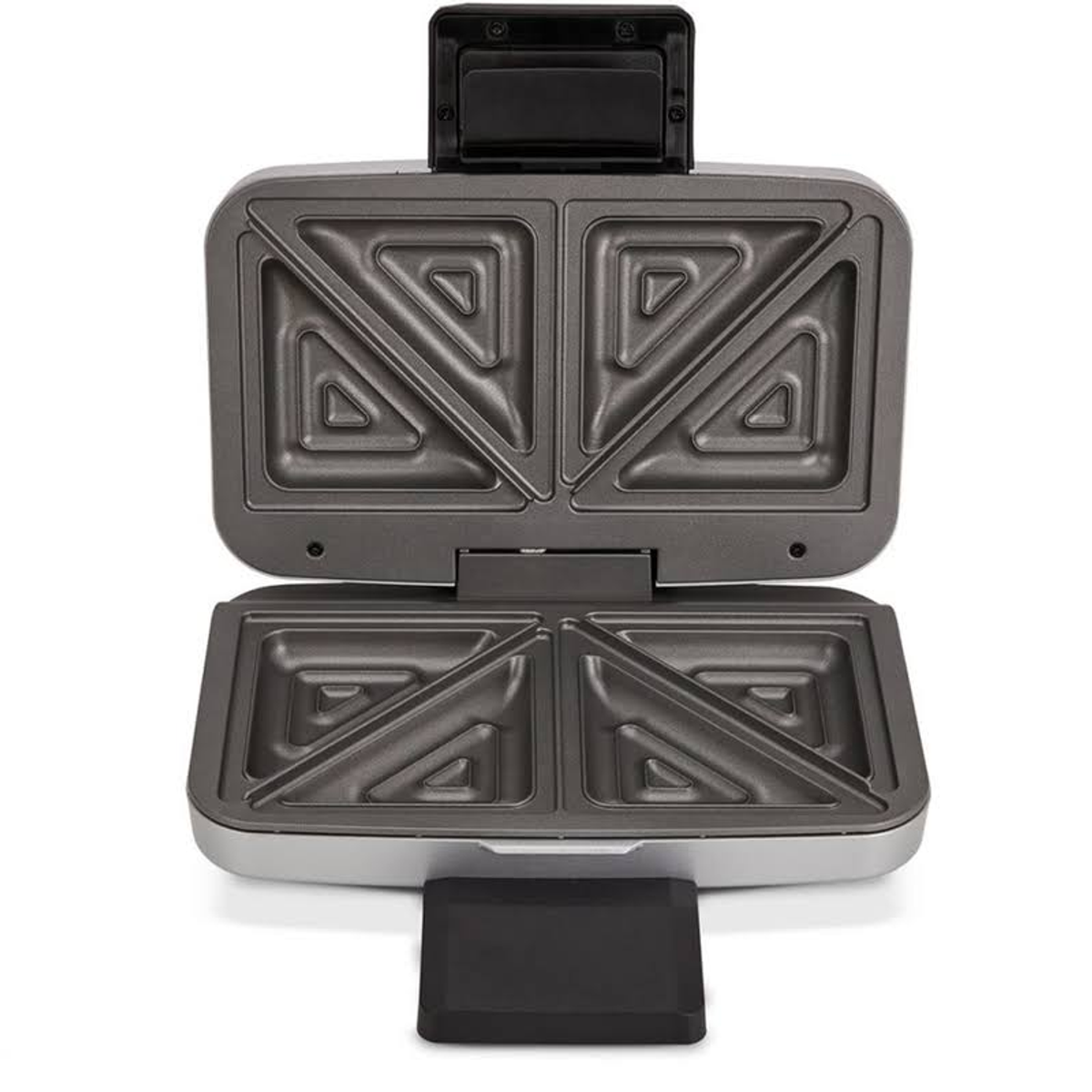 Otwarta, szara opiekacz do kanapek. Wewnątrz znajdują się foremki w kształcie trójkątów.