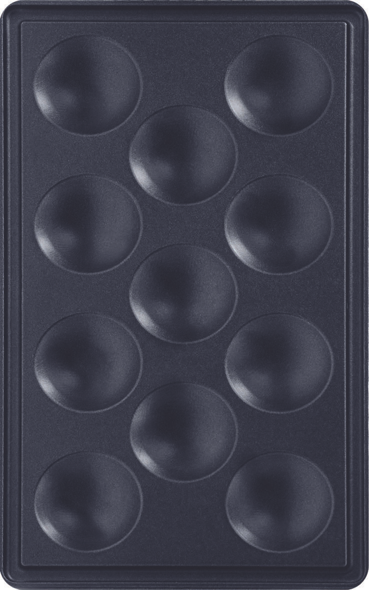 Czarna blacha do pieczenia z jedenastoma okrągłymi wgłębieniami.