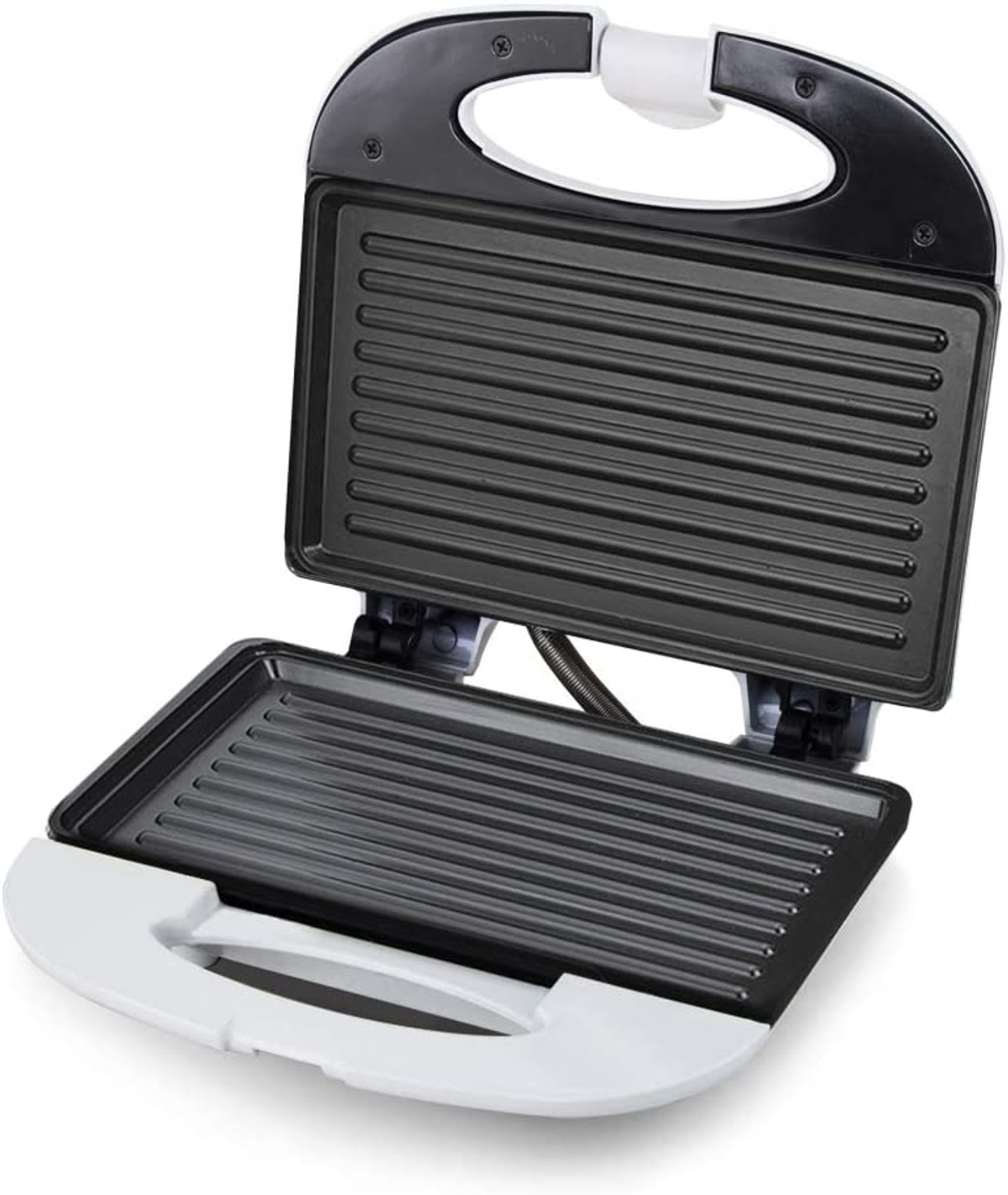 Otwarta, biało-czarna opiekacz do kanapek z żebrami wewnątrz. Rączka również jest biała.