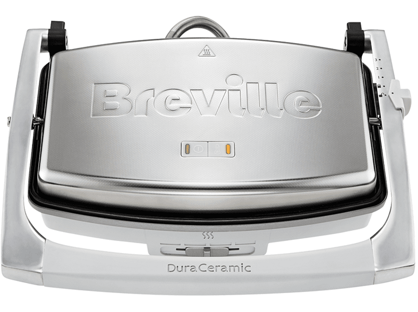 Parrilla Breville DuraCeramic, vista superior. Superficie plateada con botones y asa.