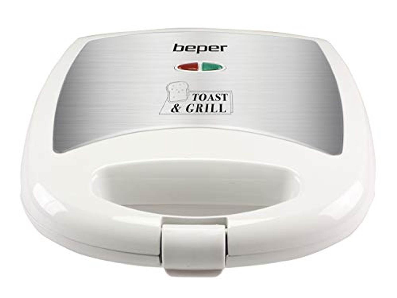 Biały toster i grill z napisem "TOAST & GRILL". Widoczne czerwone i zielone światła.