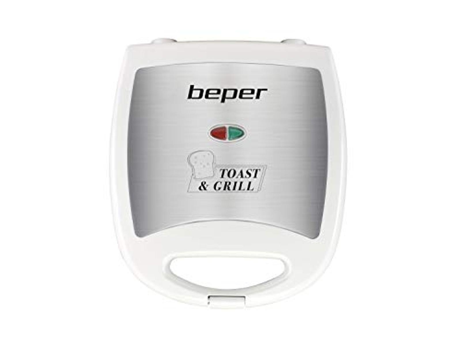 Biały opiekacz do kanapek z czerwonymi i zielonymi światłami oraz słowem 'beper'.