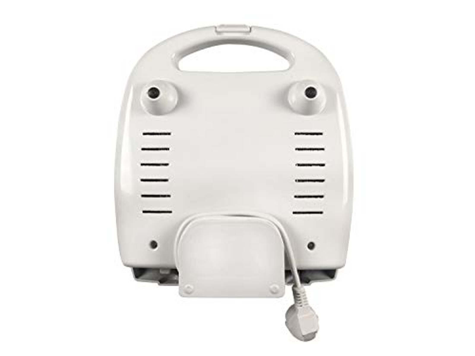 Tył białej opiekacza do kanapek z otworami wentylacyjnymi, uchwytem i przewodem zasilającym z wtyczką.