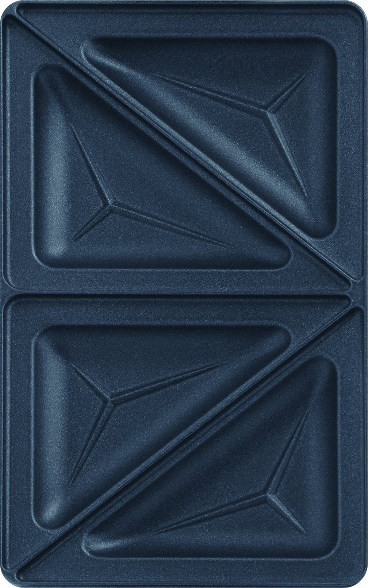 Eine dunkelblaue Sandwich-Maker-Platte mit gemusterter Oberfläche, für dreieckige Sandwiches.
