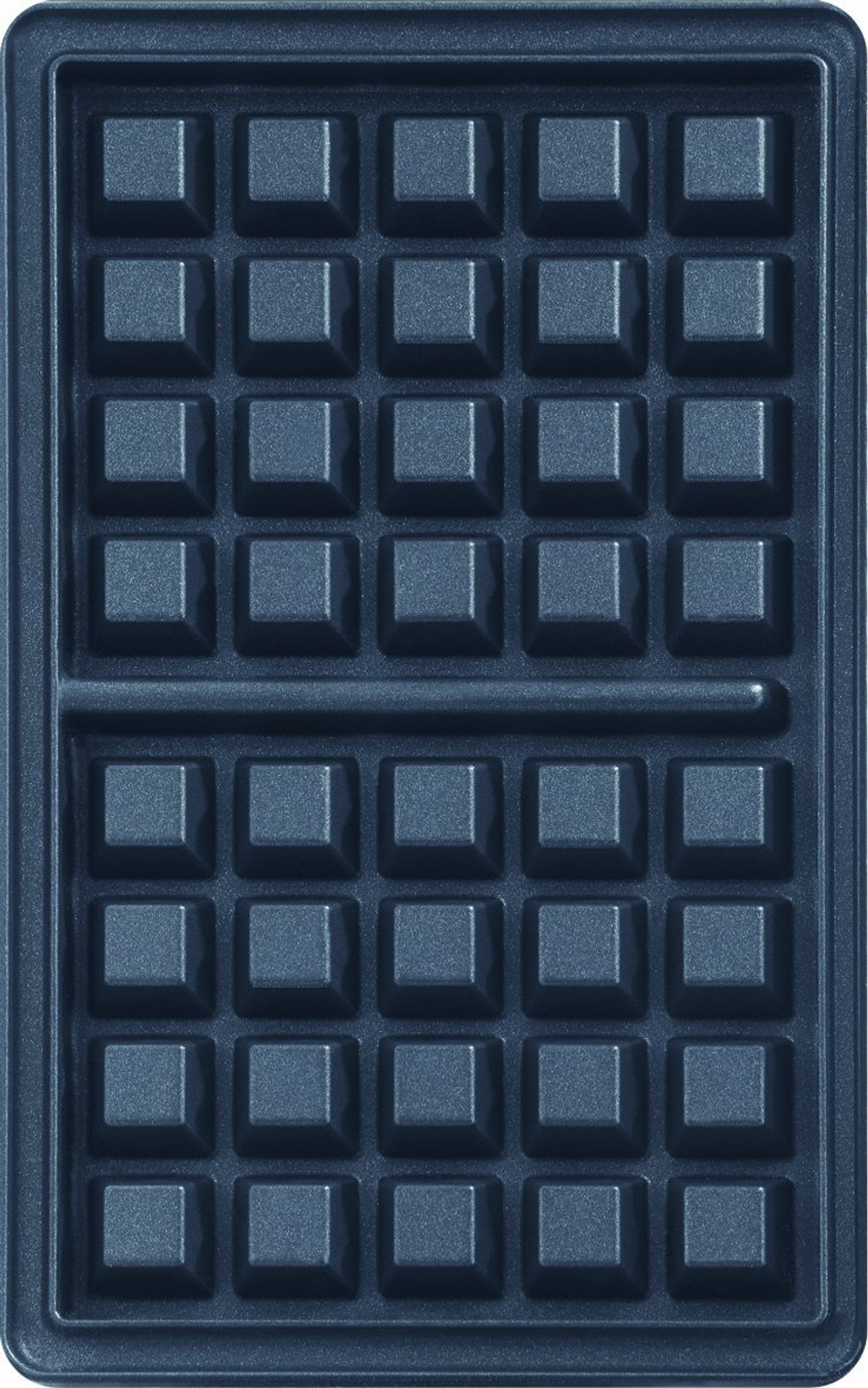 Waffeleisen, Nahaufnahme, Draufsicht. Dunkelblau, quadratisches Muster, weißer Hintergrund.