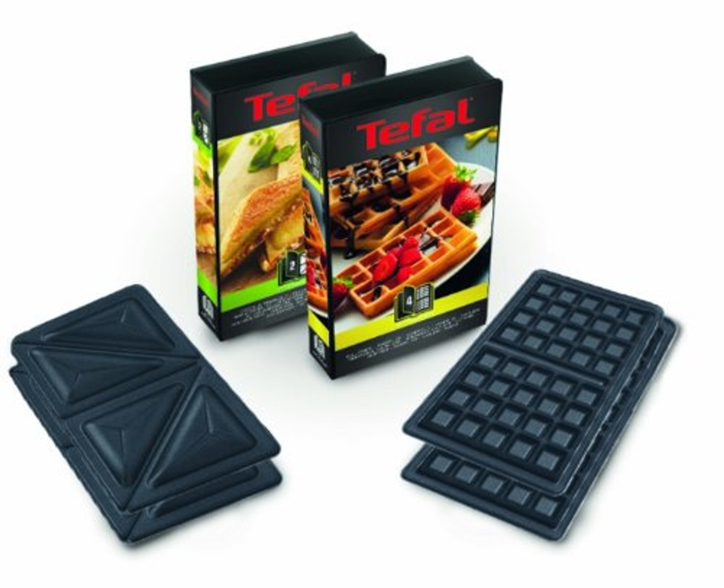 Zwei schwarze Kartons mit Tefal-Branding und ein Waffeleisen mit schwarzen Platten.