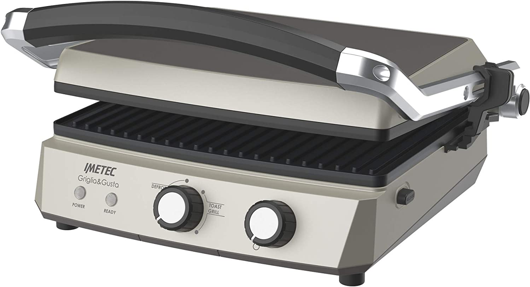 Griglia Imetec, parzialmente aperta. Manopole per accensione, pronto, toast e grill.