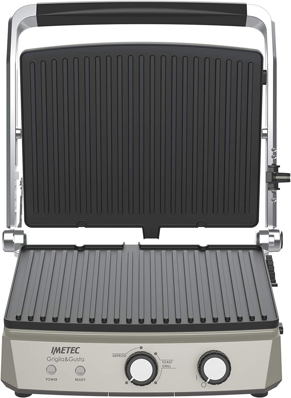 Griglia elettrica aperta. Superficie nera, comandi argentati. Due manopole, 'power' e 'toast grill'.
