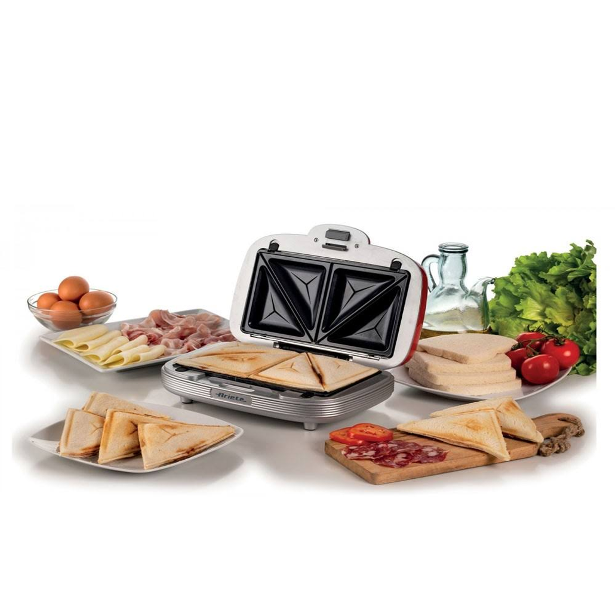 Sandwich maker with ingredients. The background is white with plates of ingredients.