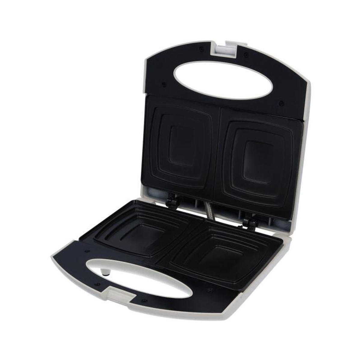 Sandwich maker bianco aperto, interno nero. Due aree di cottura quadrate.