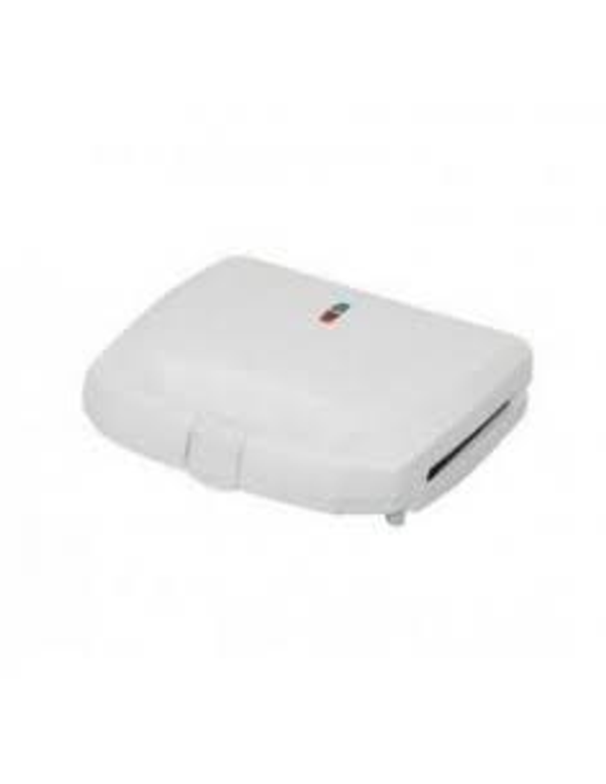 Białe zamknięte gofrownica z czerwoną i zieloną lampką kontrolną na górze.