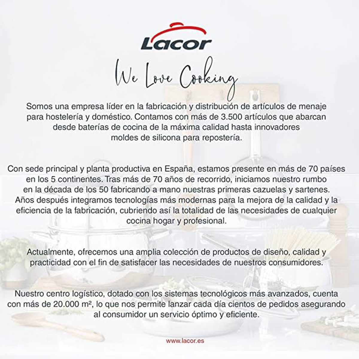 Testo: Lacor, We Love Cooking. Testo sull'azienda e i suoi prodotti.