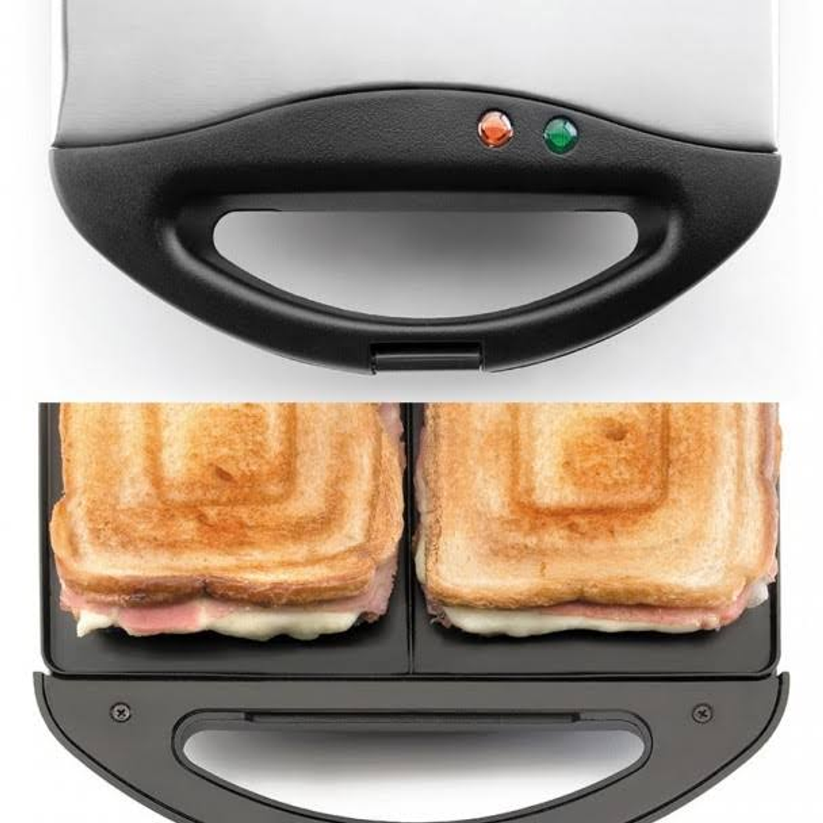 Sandwich in una sandwich maker nera. La parte superiore ha luci rosse e verdi.