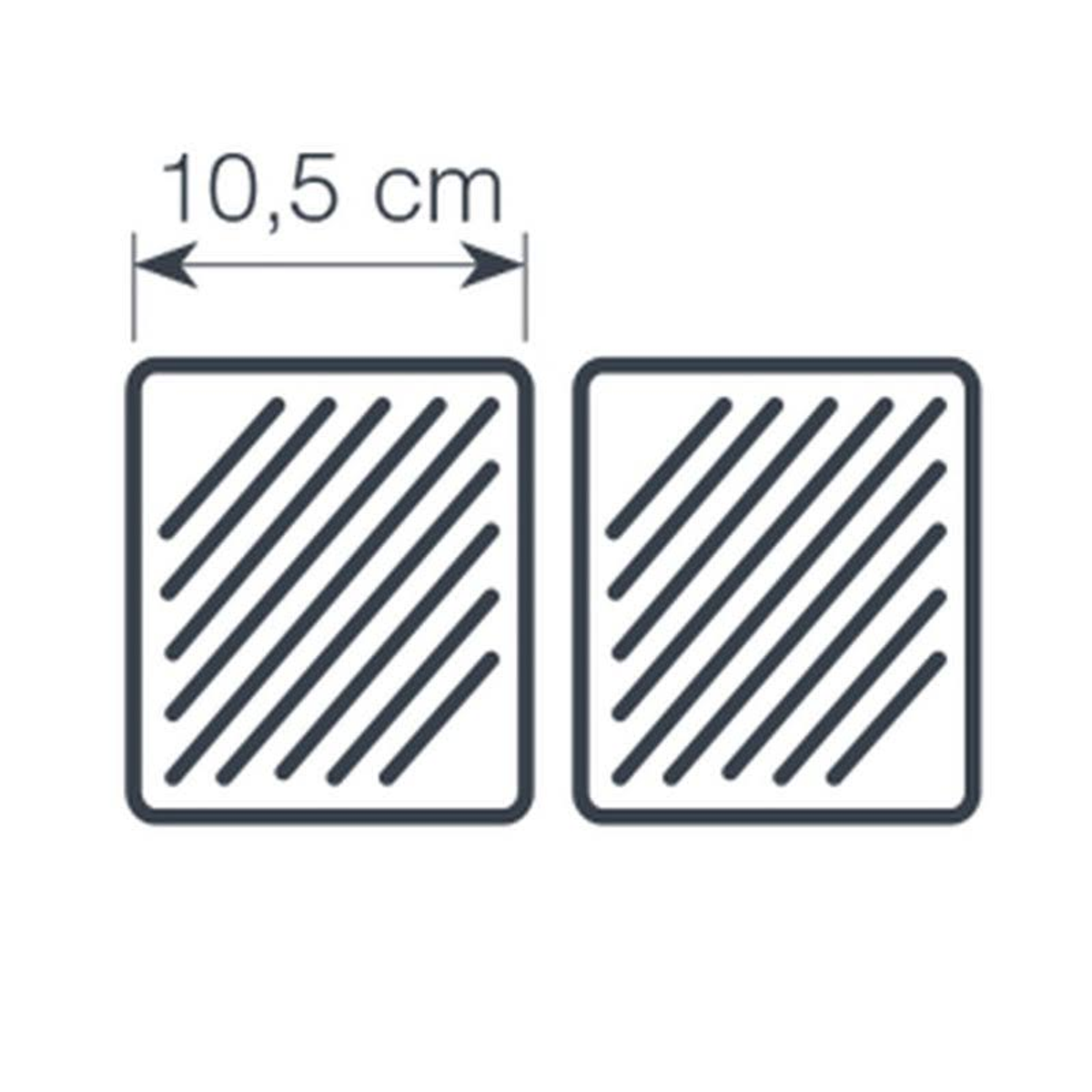 Due forme quadrate, ciascuna con linee diagonali all'interno, e una misura di 10,5 cm.