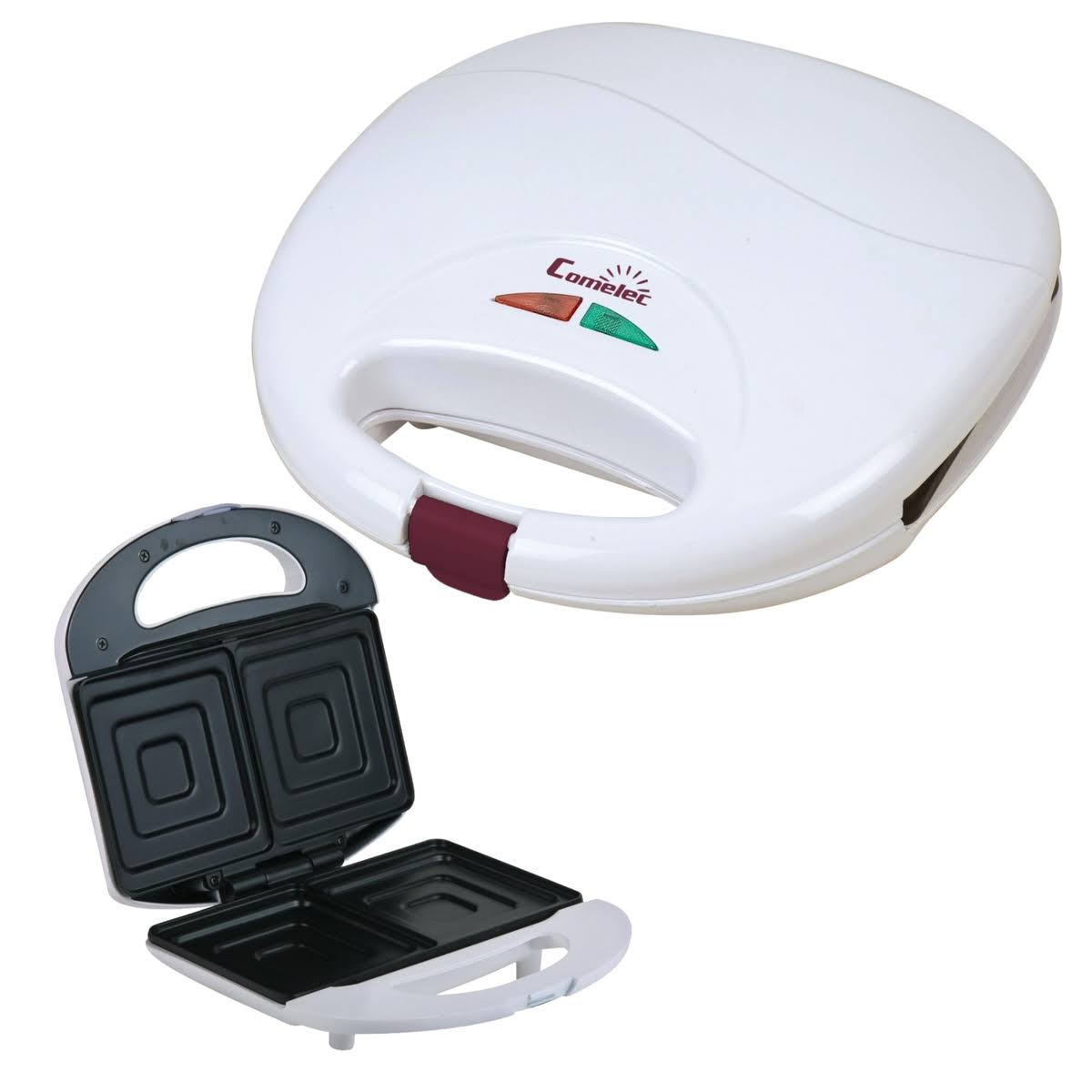 Biały opiekacz do kanapek, zamknięty. Czerwone i zielone lampki kontrolne. Czarne wnętrze. Widok z góry.