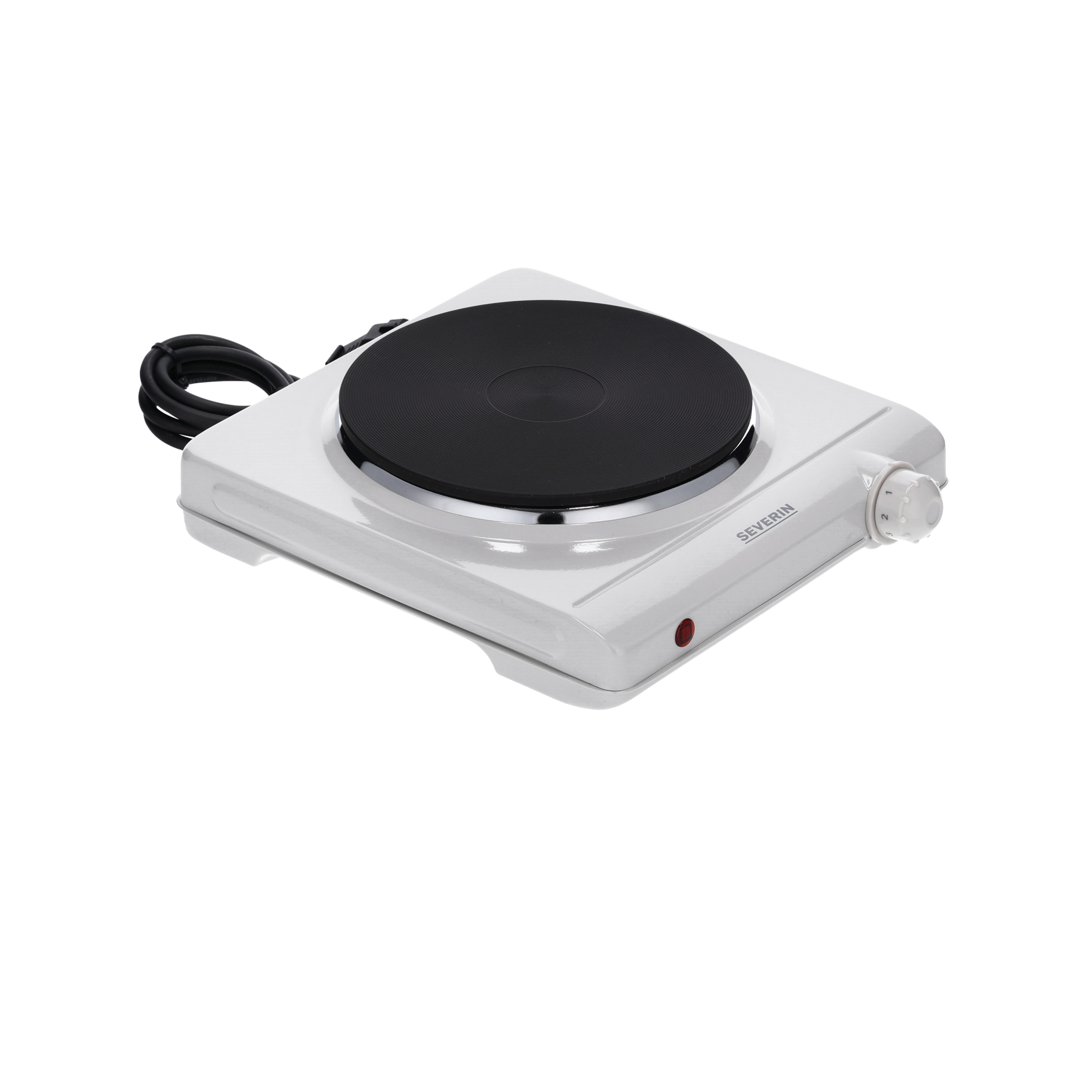 Biała pojedyncza płyta elektryczna z czarnym elementem grzejnym. Posiada pokrętło regulacji temperatury.