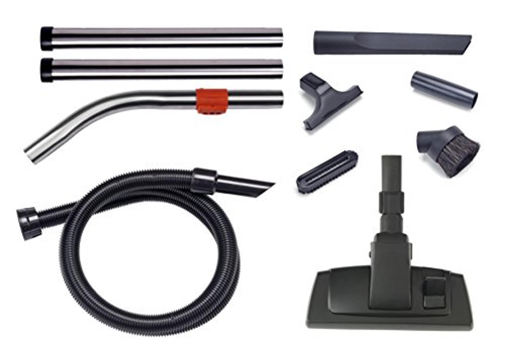 Akcesoria do odkurzacza, w tym rury, dysze i szczotka, na białym tle.