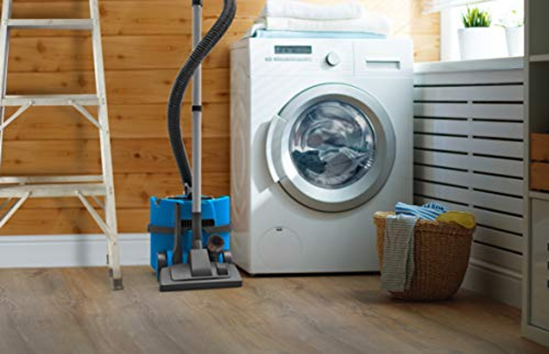 Scena w pralni z pralką, odkurzaczem i drewnianą drabiną.