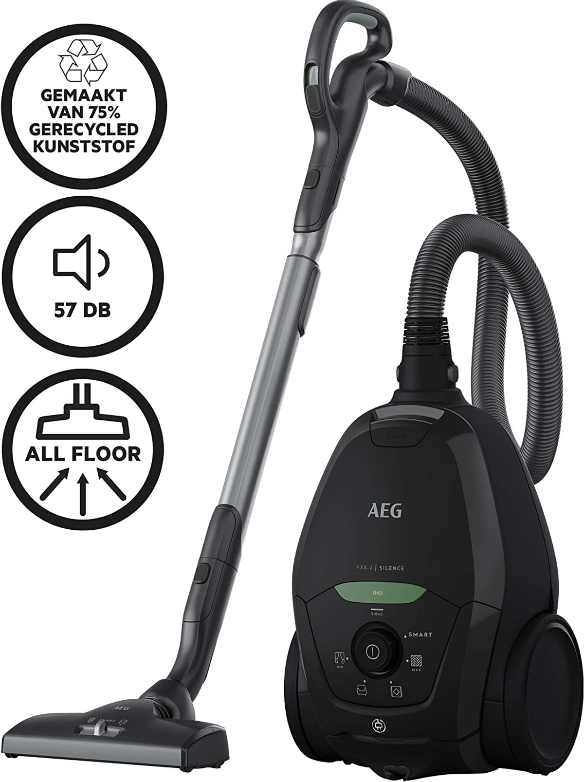 Czarny odkurzacz z długim uchwytem i trzema ikonami na nim.