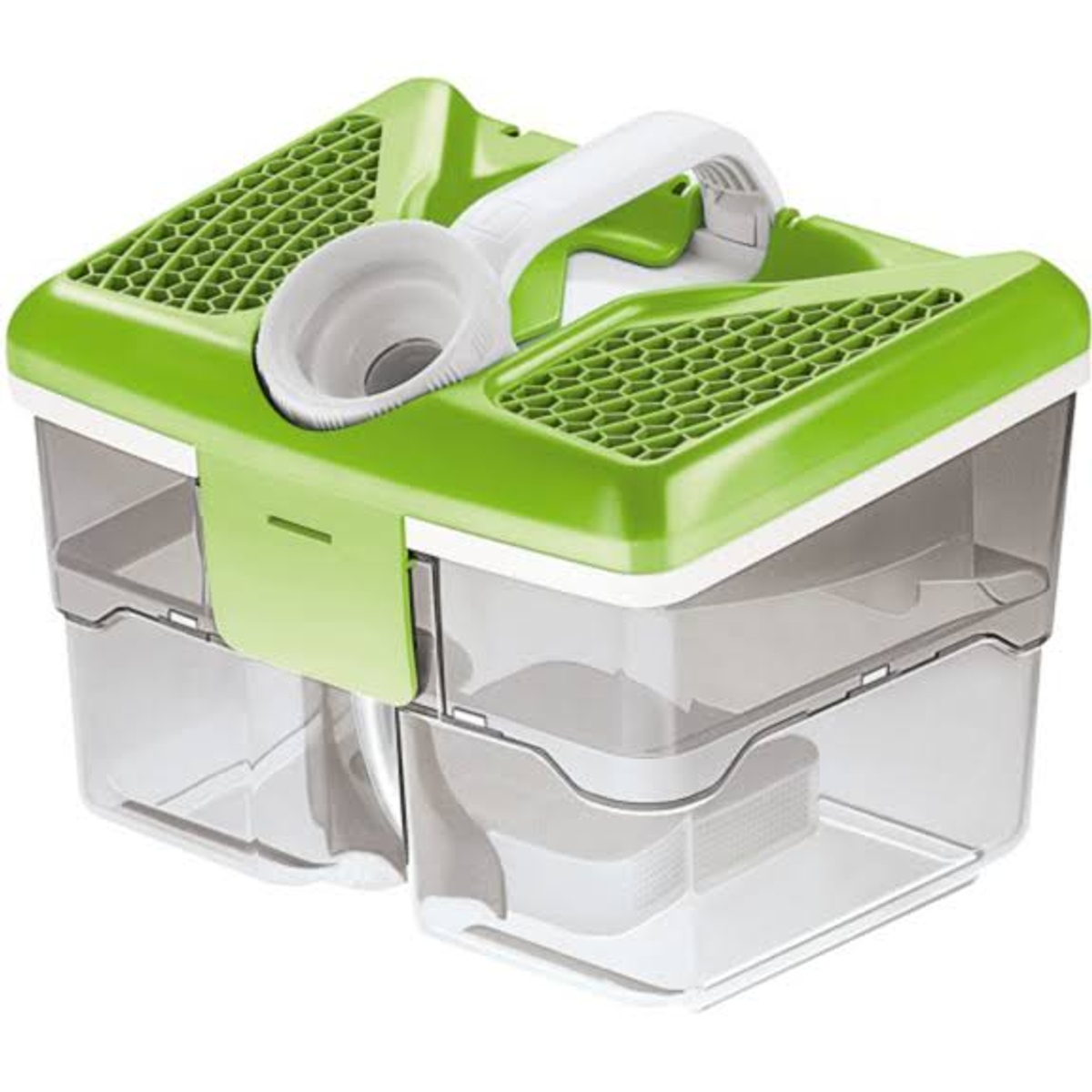 Zielony i biały pojemnik z białym uchwytem i lejkiem.