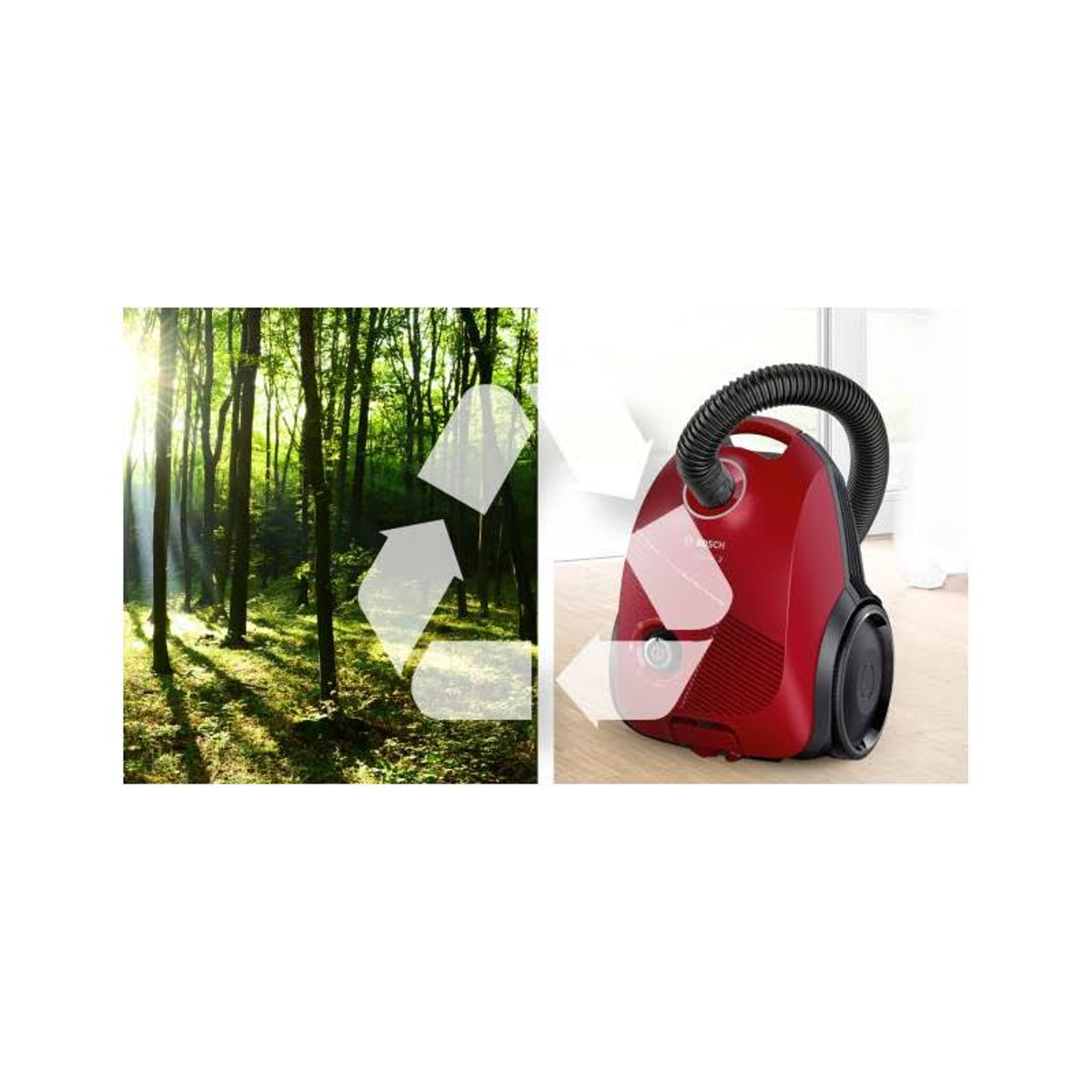 Obraz lasu i czerwonego odkurzacza z symbolem recyklingu. Koncepcja recyklingu.