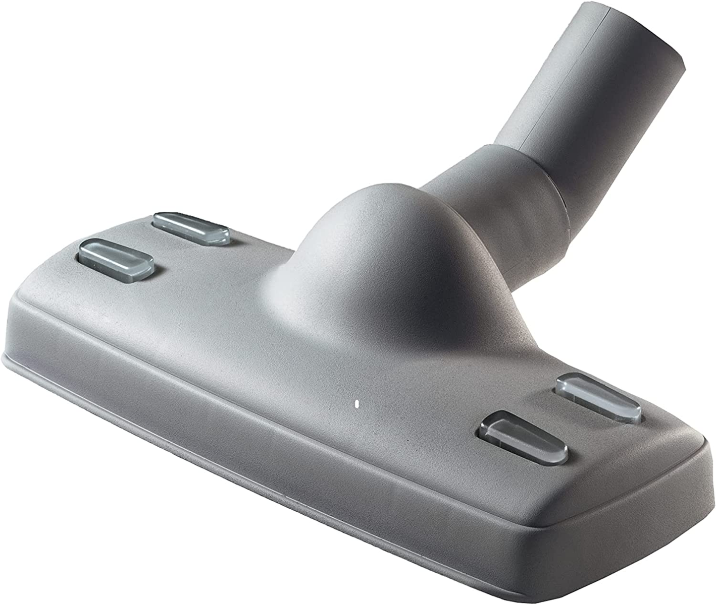 Szara głowica odkurzacza z przezroczystymi plastikowymi częściami, ustawiona pod kątem.