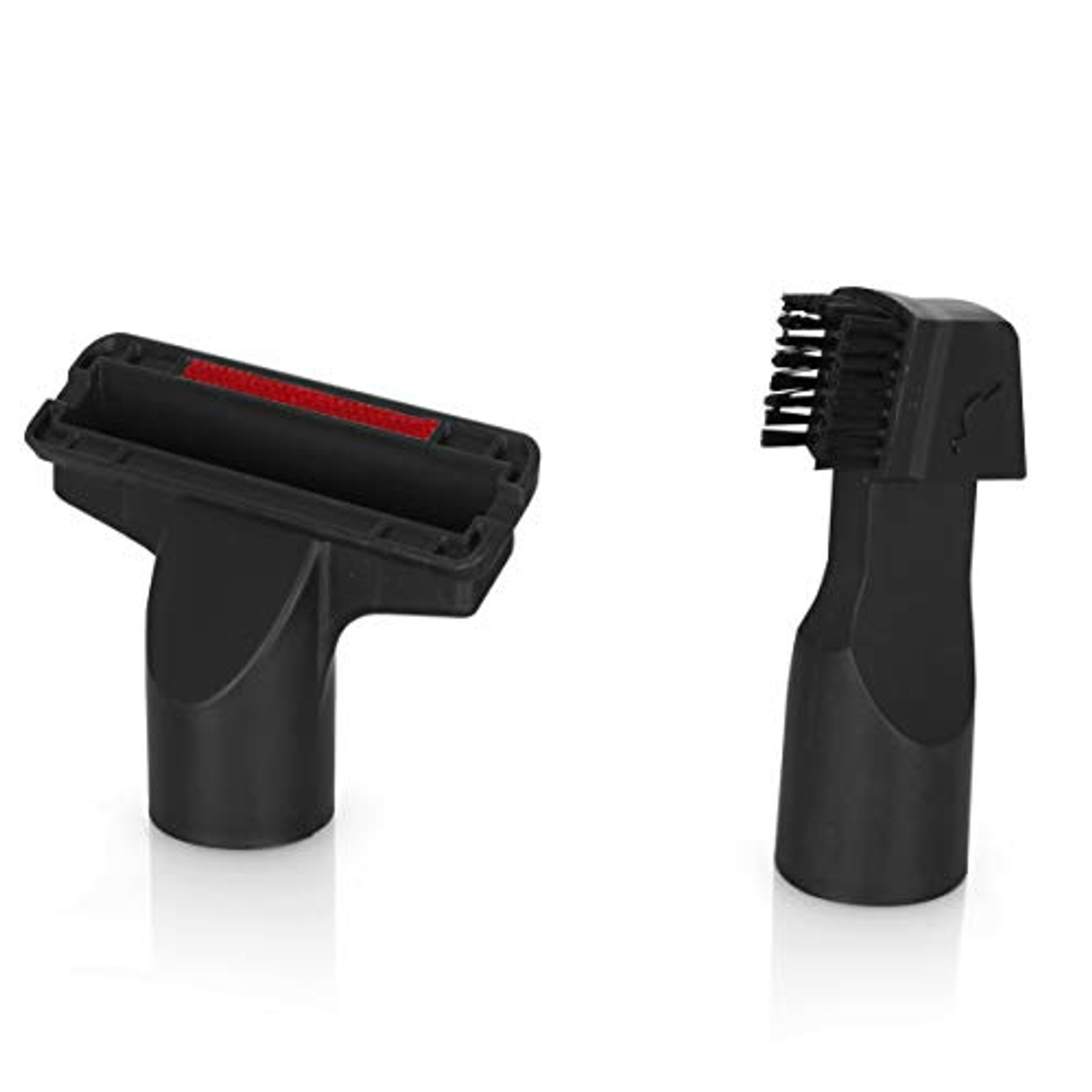 Dos accesorios negros para aspiradora: un cabezal de cepillo y una boquilla angular.