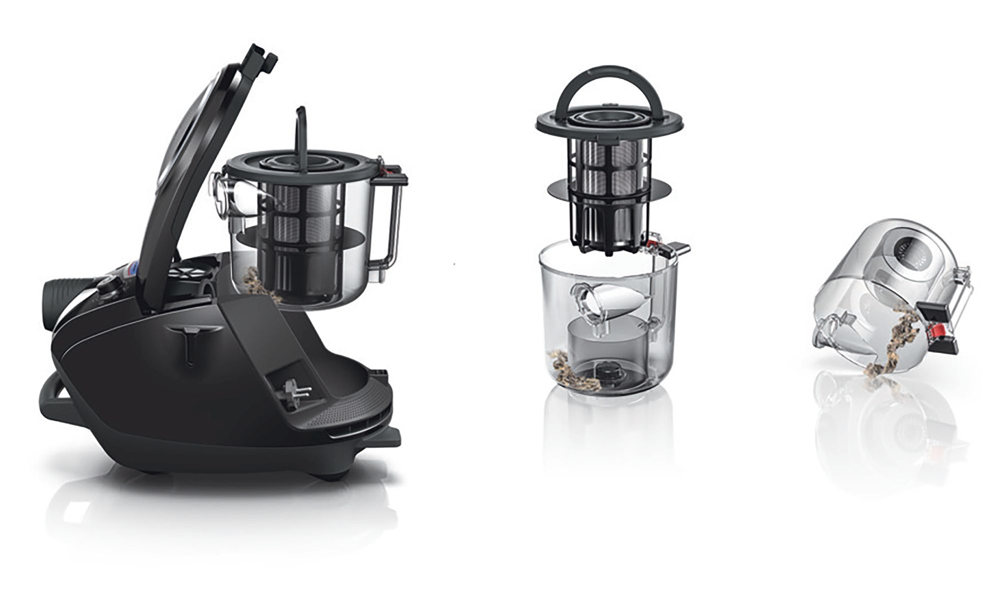 Odkurzacz pokazujący pojemnik na kurz, filtr i inne elementy.