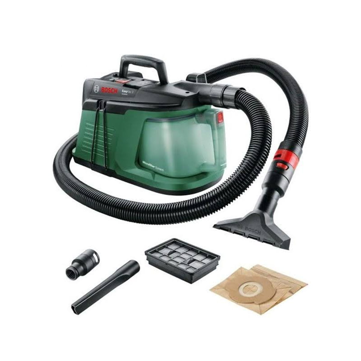 Aspirapolvere Bosch EasyVac verde e nero con accessori e tubo.