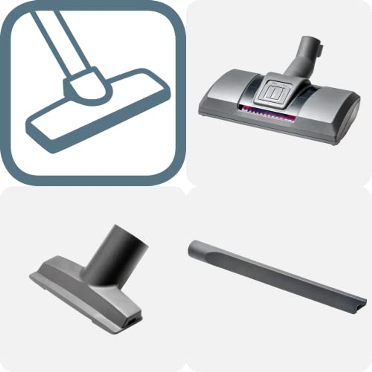 Końcówki do odkurzacza. Cztery różne głowice w odcieniach szarości.